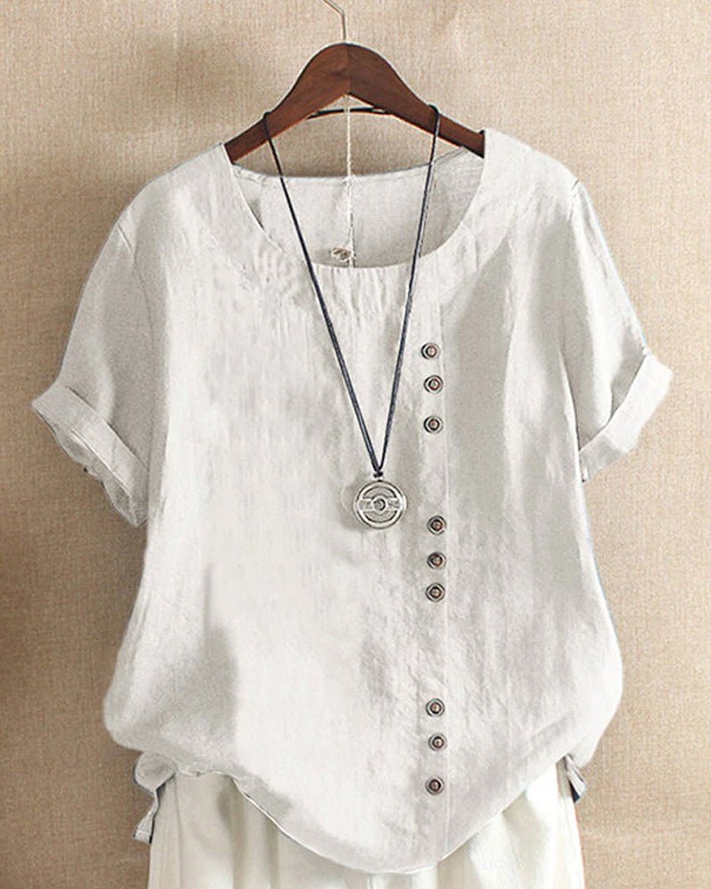Miranda linen-look button-detail T-shirt in white, front view on hanger