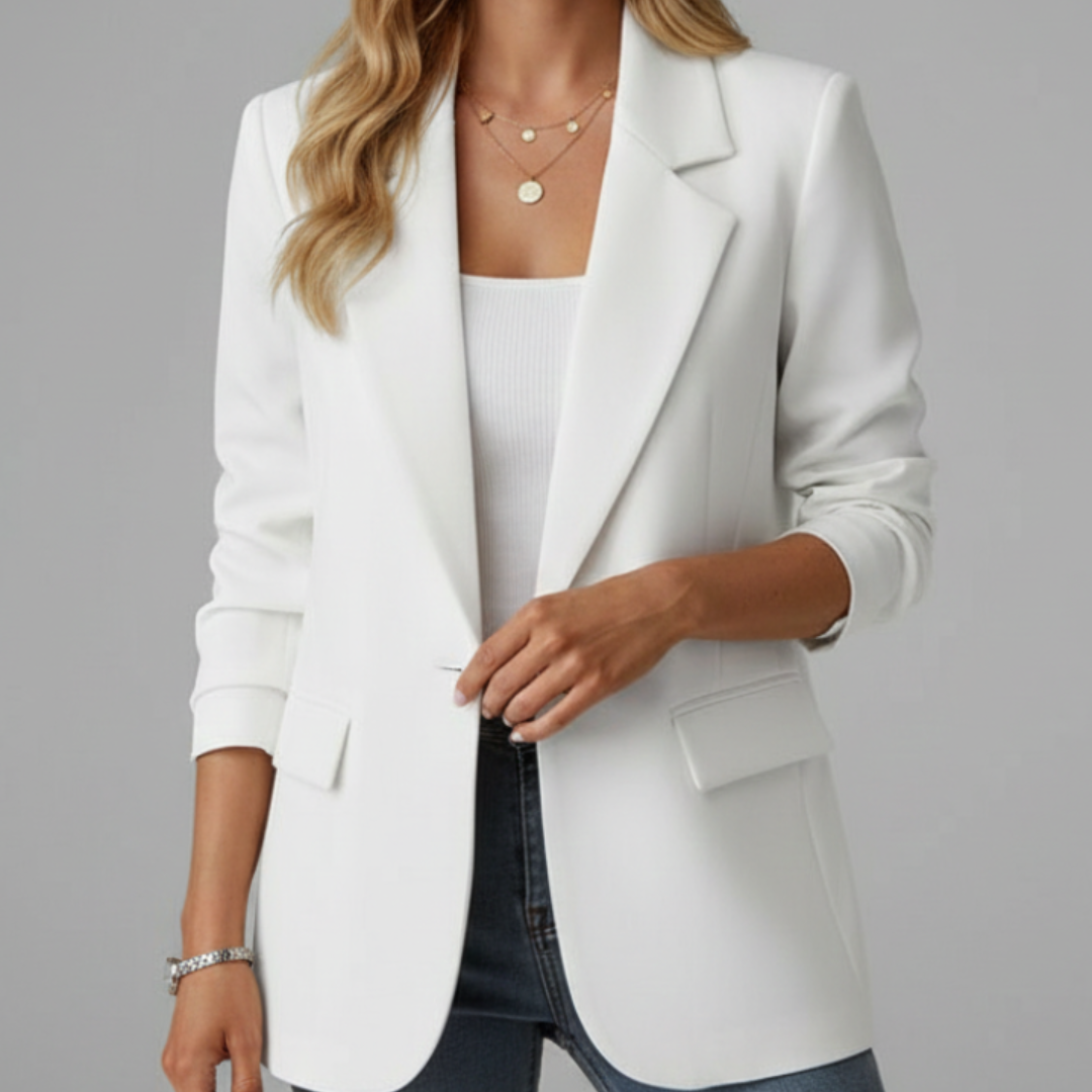 Charlotte notched lapel blazer in white, worn open with sleeves pushed up