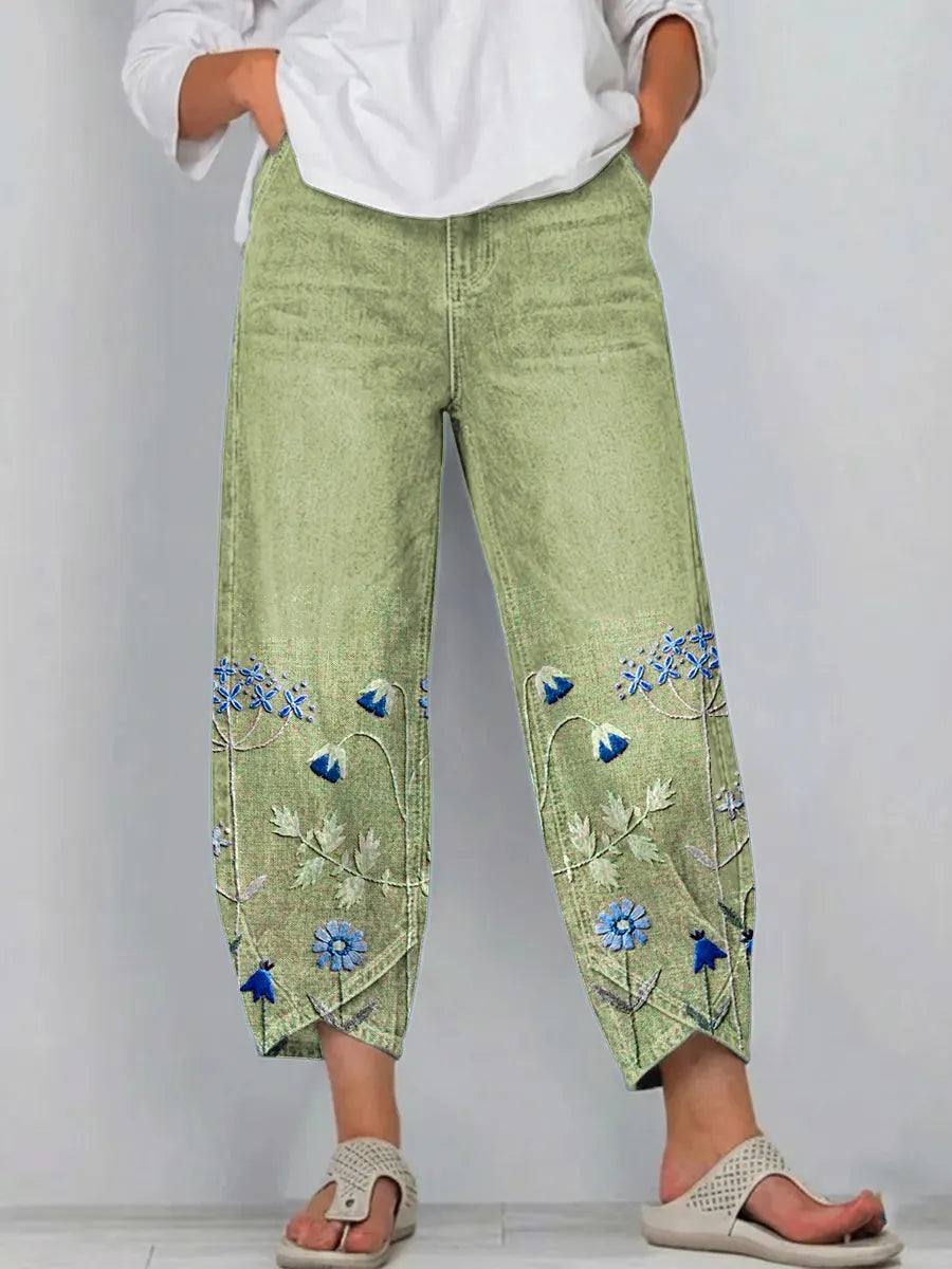 Viola floral comfort trousers in green, front view