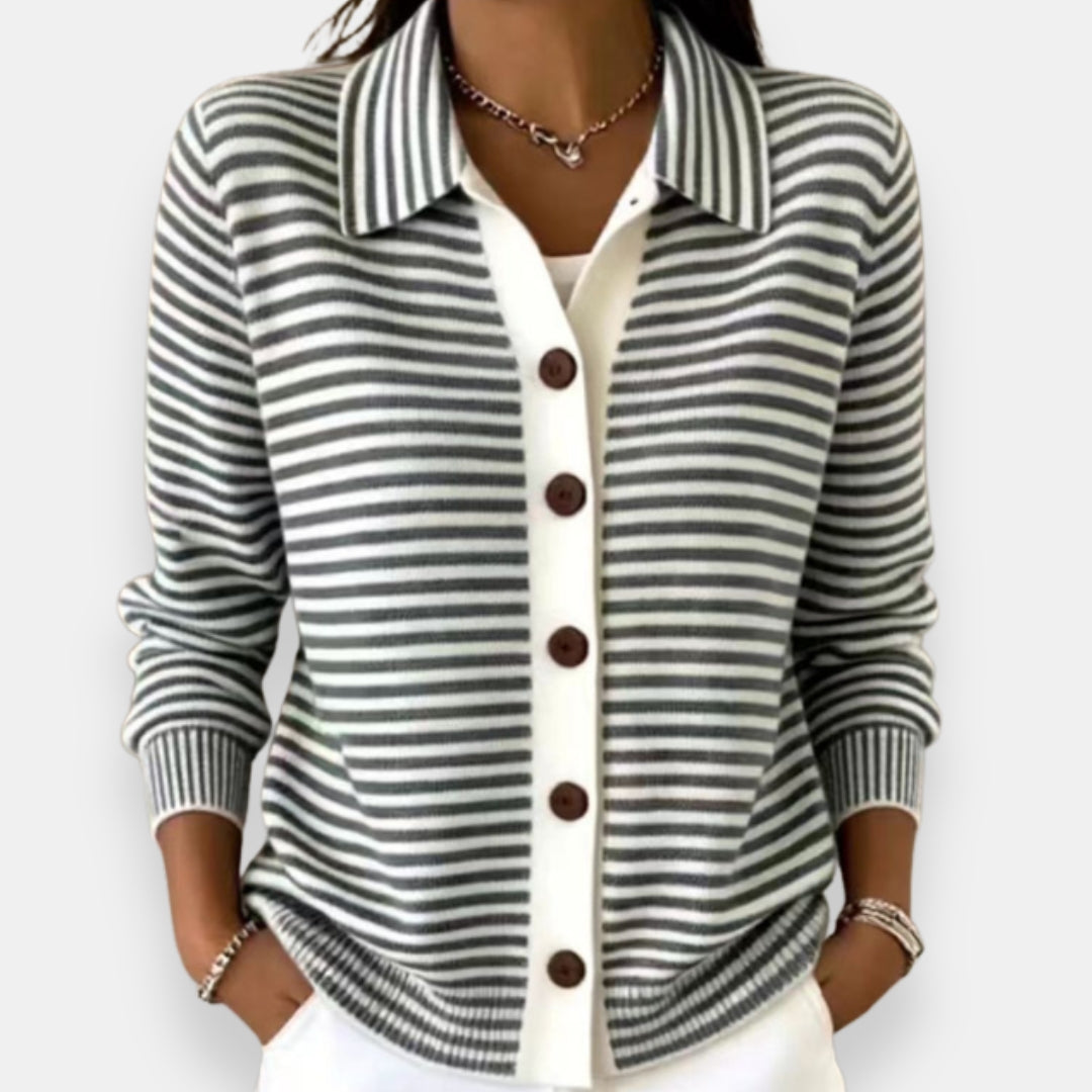 Septima striped collared cardigan in black, front view