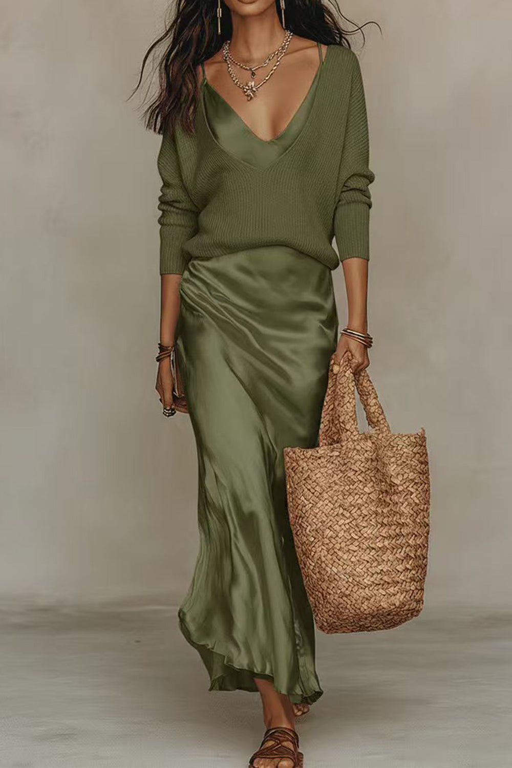 Jessa jumper and satin maxi dress set in green, styled view