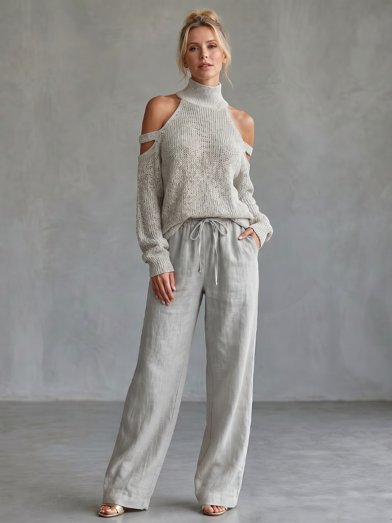 Questa - Open Shoulder Knit Top And Wide Leg Pants Set