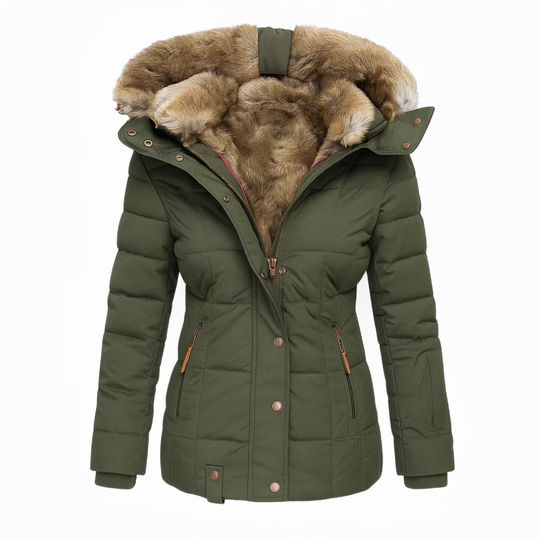 Marguerite warm padded winter coat in green, front view