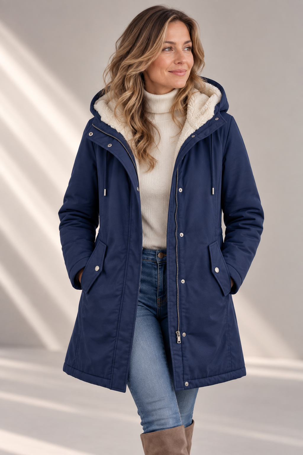 Gwendolen long waterproof parka in navy, front view with fleece-look hood