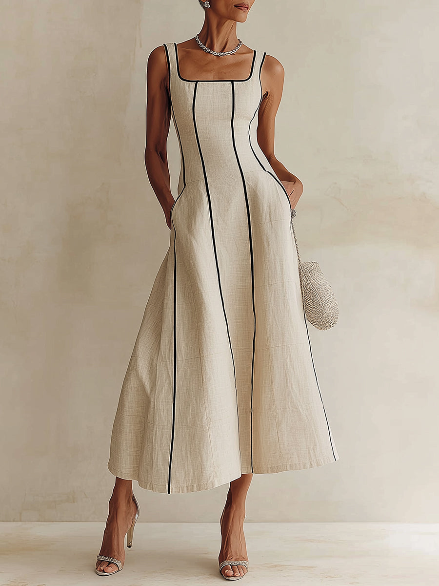 Camille | Striped Linen A-Line Maxi Dress with Black Trim