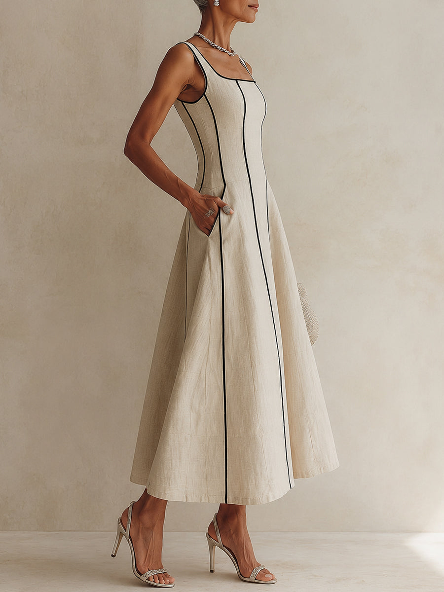 Camille | Striped Linen A-Line Maxi Dress with Black Trim
