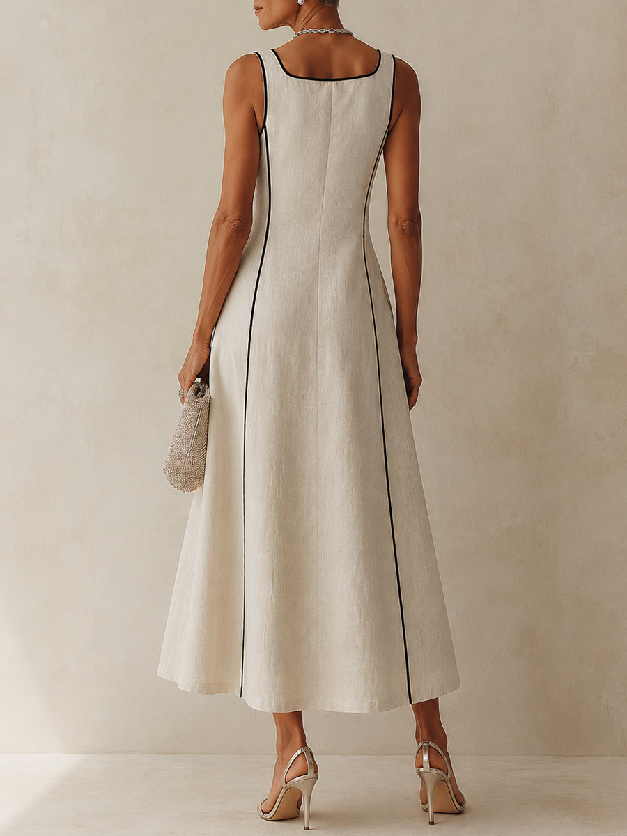 Camille | Striped Linen A-Line Maxi Dress with Black Trim