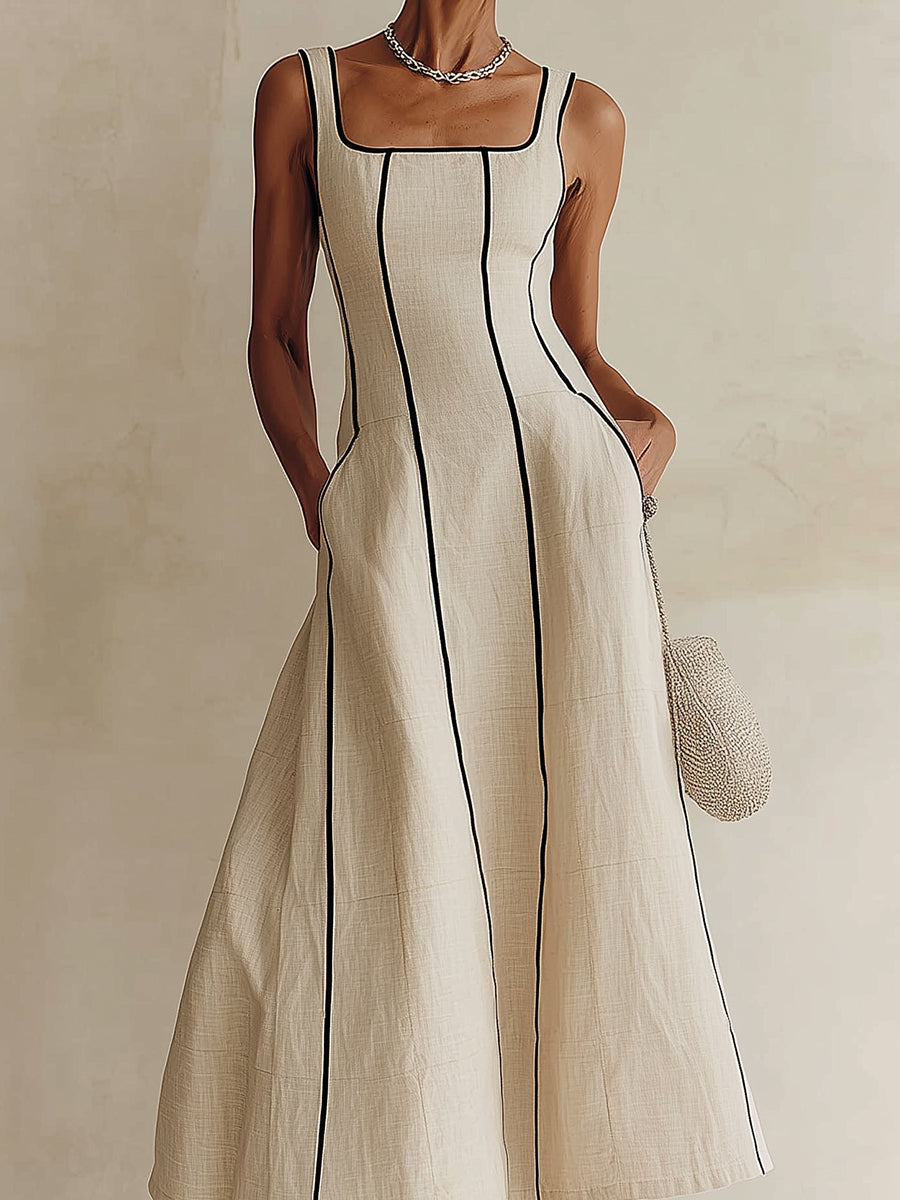 Camille | Striped Linen A-Line Maxi Dress with Black Trim