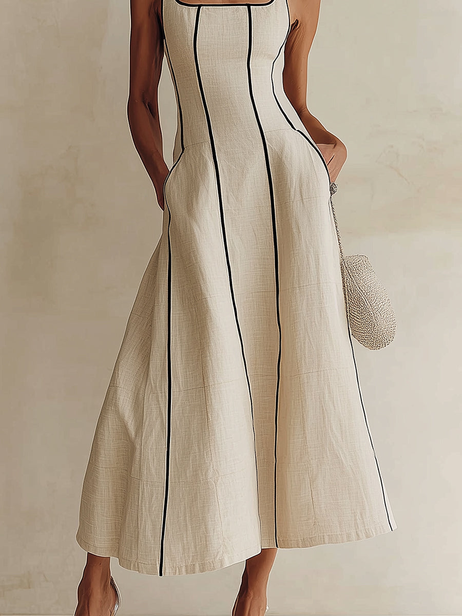 Camille | Striped Linen A-Line Maxi Dress with Black Trim