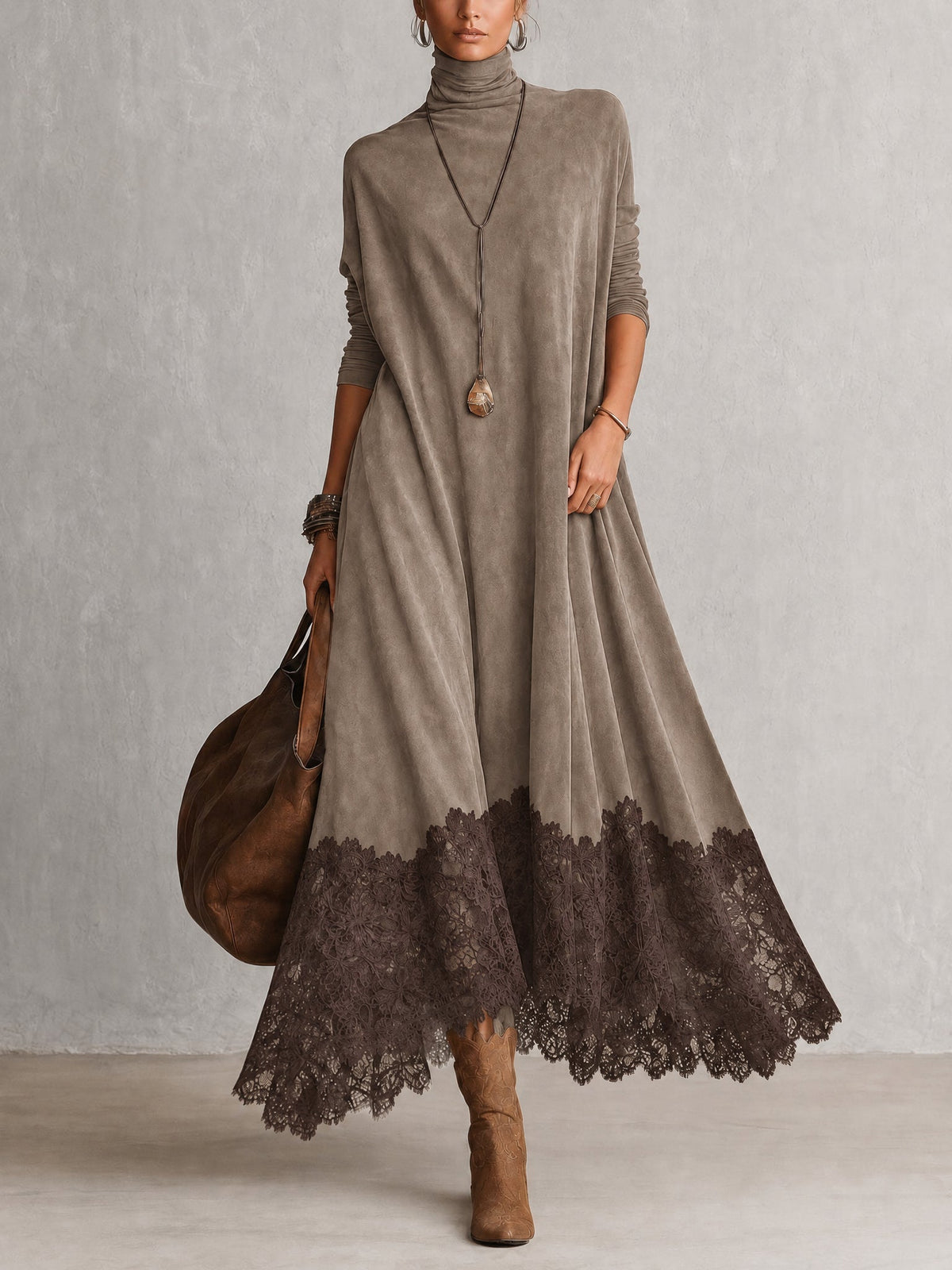 Gwenith boho maxi dress in taupe, front view