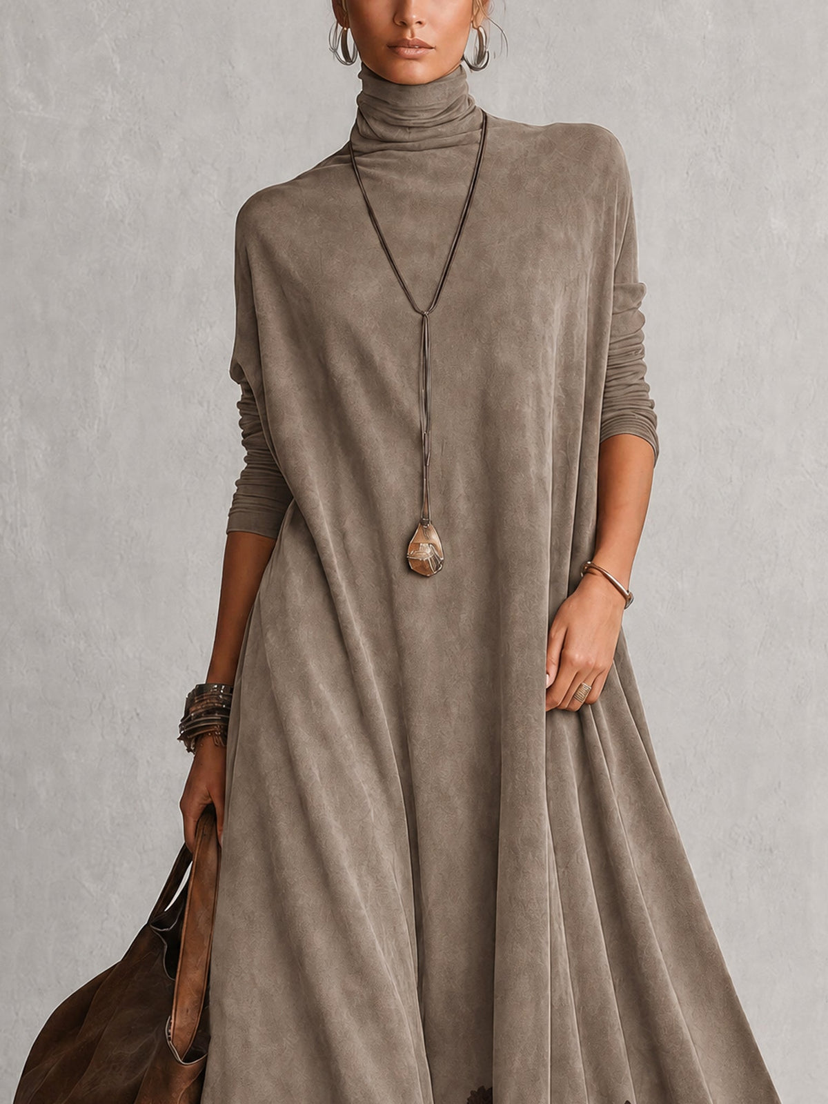 Gwenith boho maxi dress in taupe, front close-up