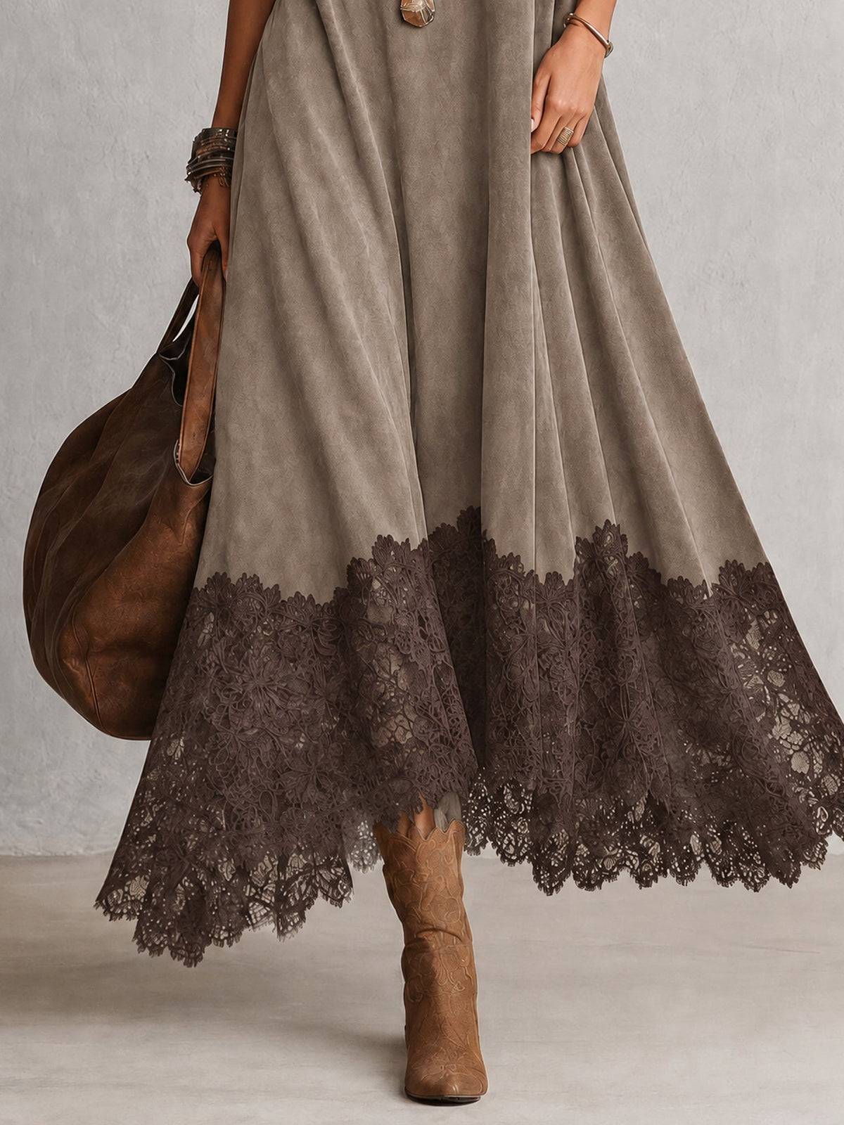 Gwenith boho maxi dress in taupe, lace hem detail