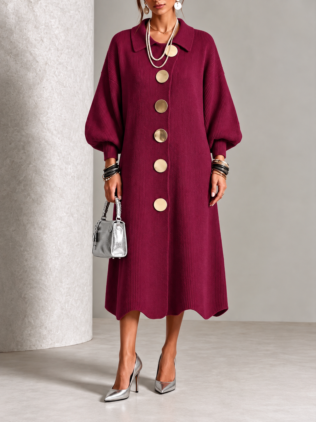 Ellery button-down knit midi dress in berry, front view