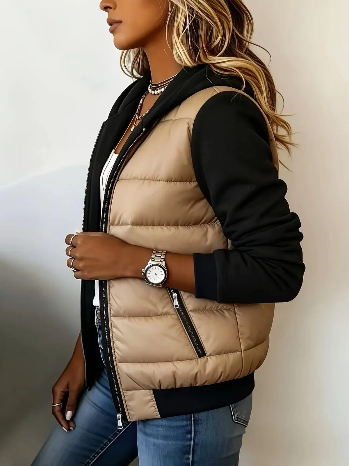 Perpetua hooded padded layered jacket - side view