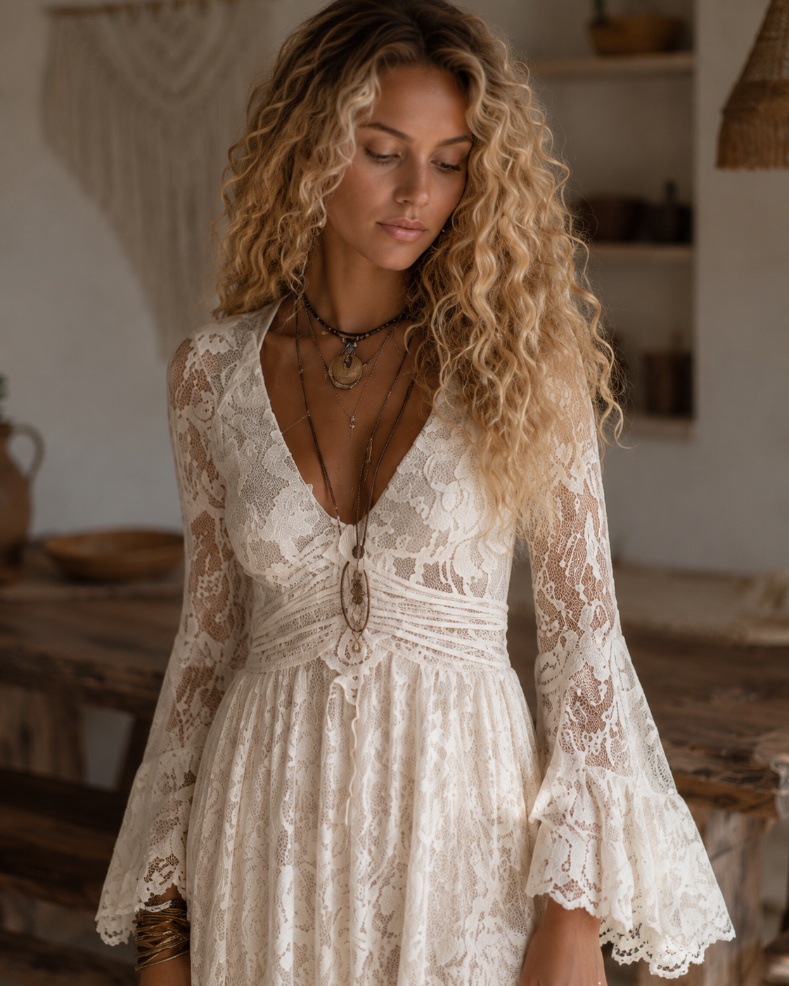 Serena | Ivory Lace Maxi Dress with Bell Sleeves