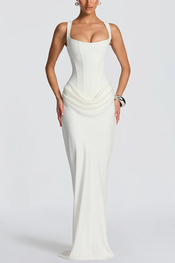 Persis corset-style square-neck maxi dress in white, studio front view