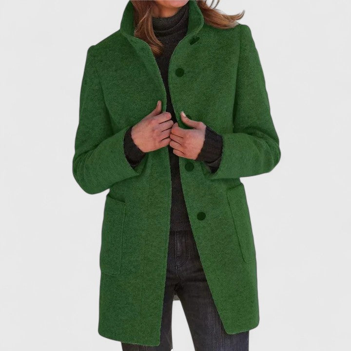 Leonora classic stand-collar coat in green, front view
