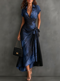 CAMILLA | BLUE ABSTRACT PRINT MIDI WRAP DRESS