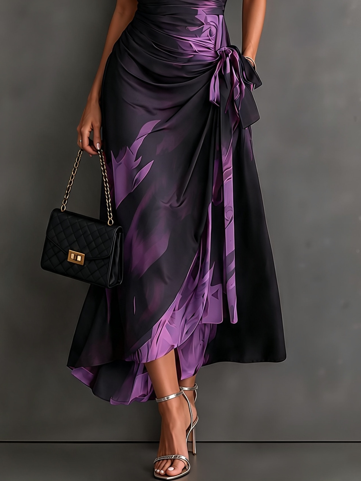 ELISA | PURPLE ABSTRACT PRINT MIDI WRAP DRESS