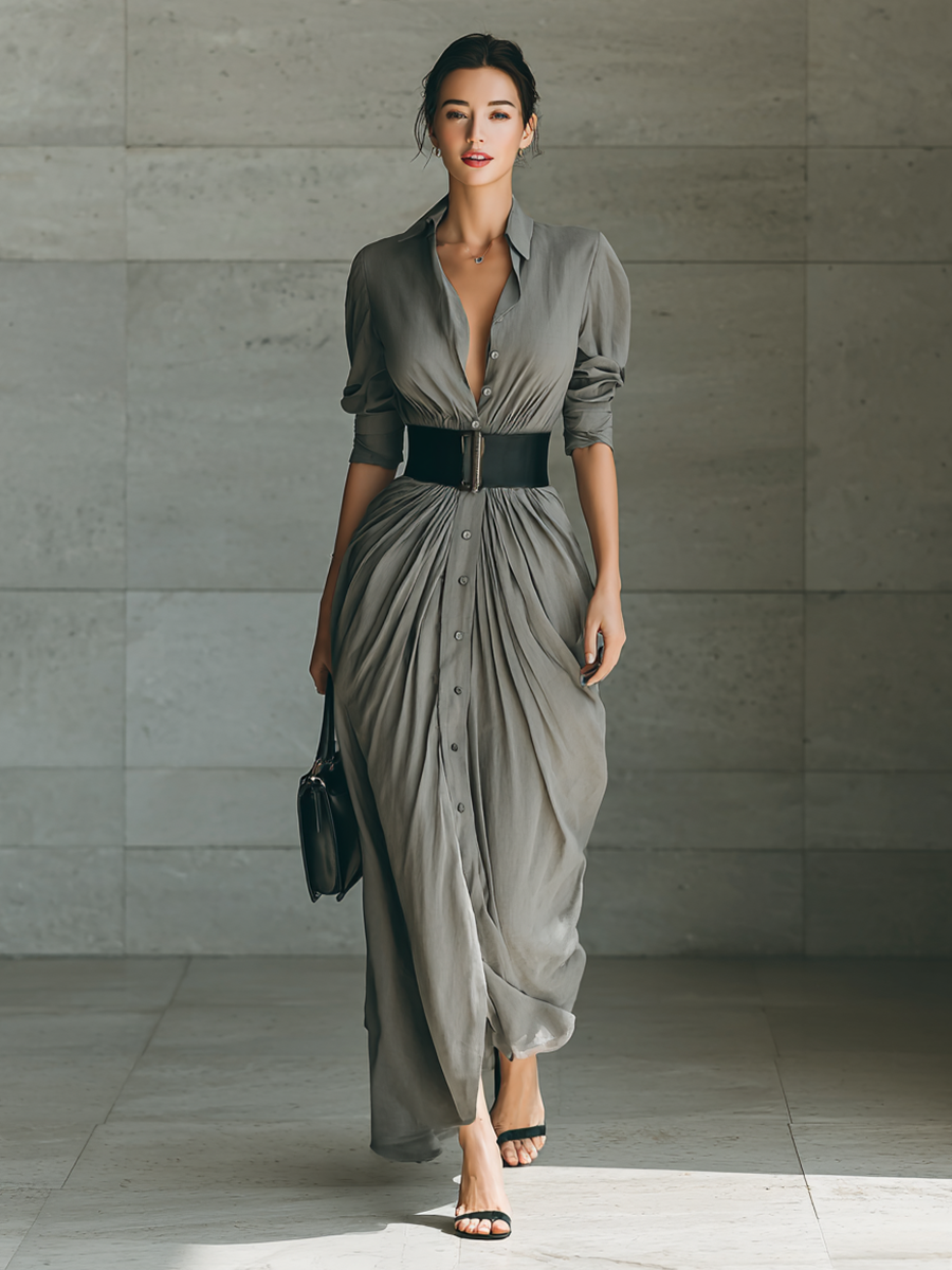 Polly belted pleated maxi shirt dress, view 4