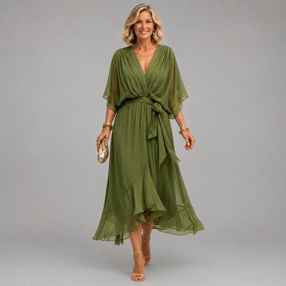 Monica wrap midi dress in green, full-length front view with tie belt