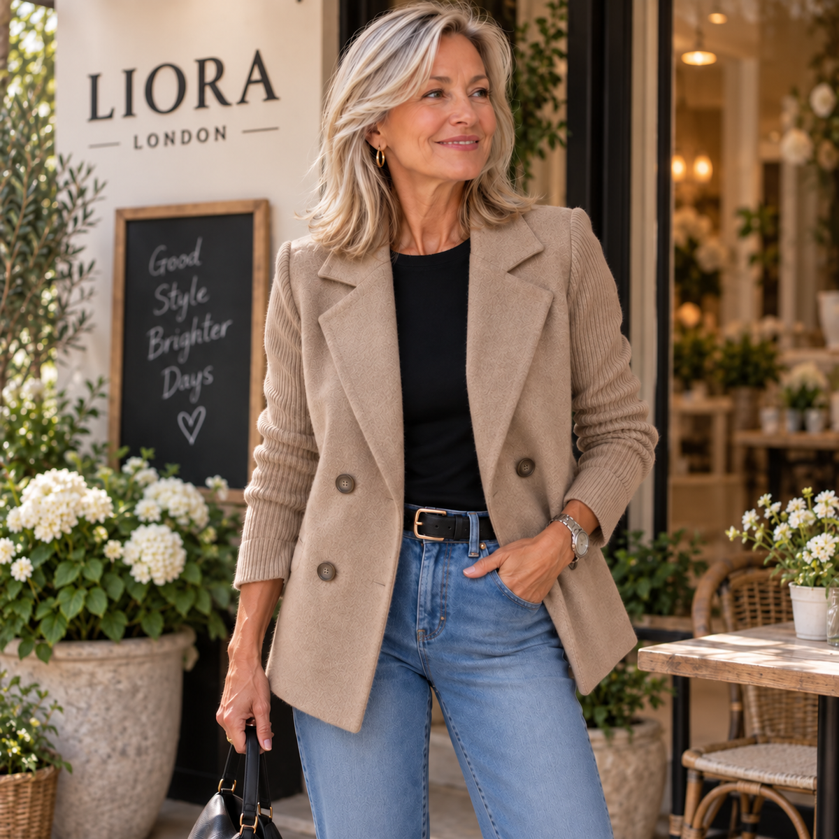Sasha | Knit-Sleeve Double-Breasted Blazer Coat