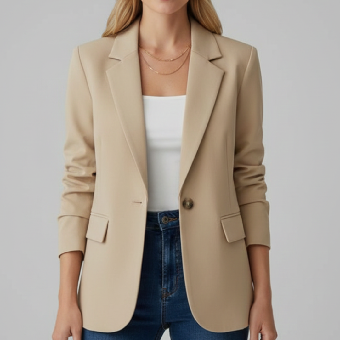 Charlotte notched lapel blazer in beige, buttoned front view with flap pockets