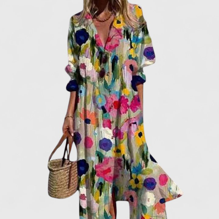 Vanessa long printed shirt dress in multicolour floral, front view