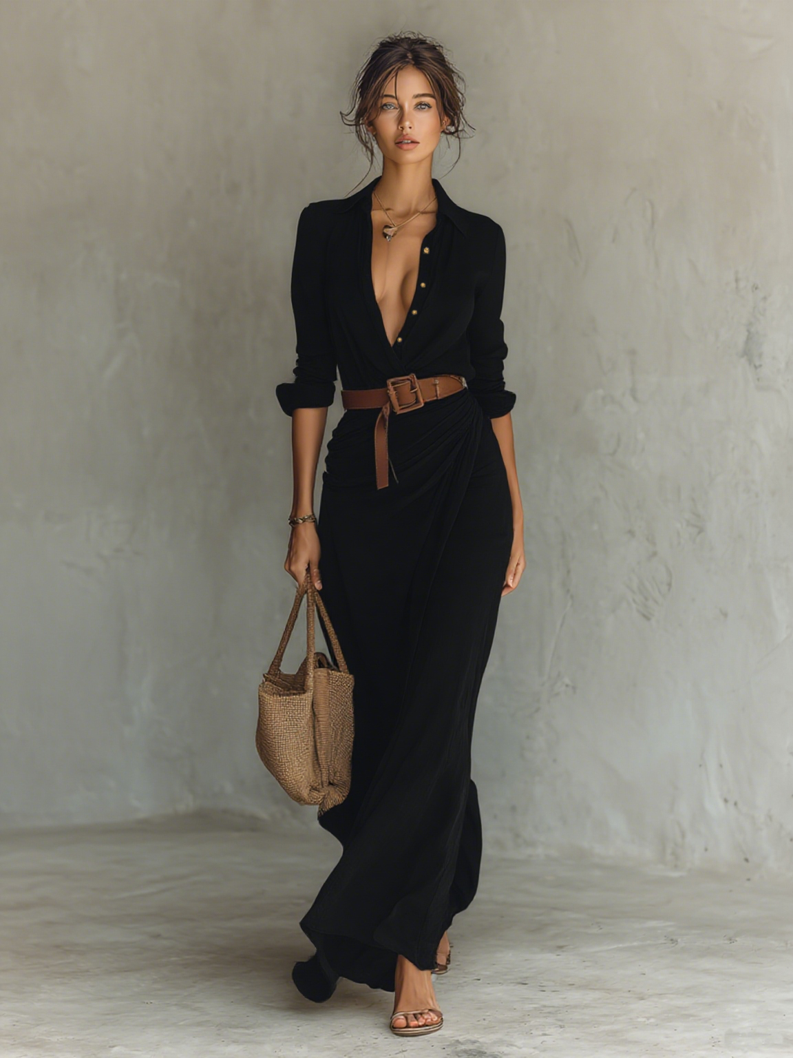 Rhona belted maxi shirt dress in black, front view
