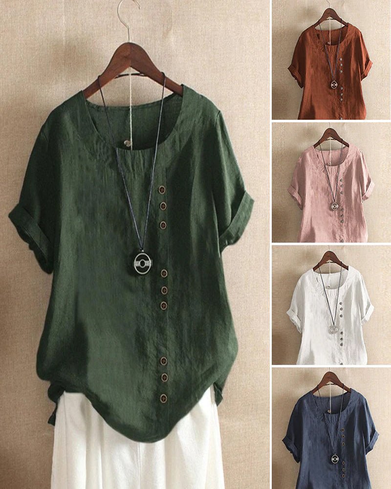Miranda | Linen-Look Button-Detail T-Shirt