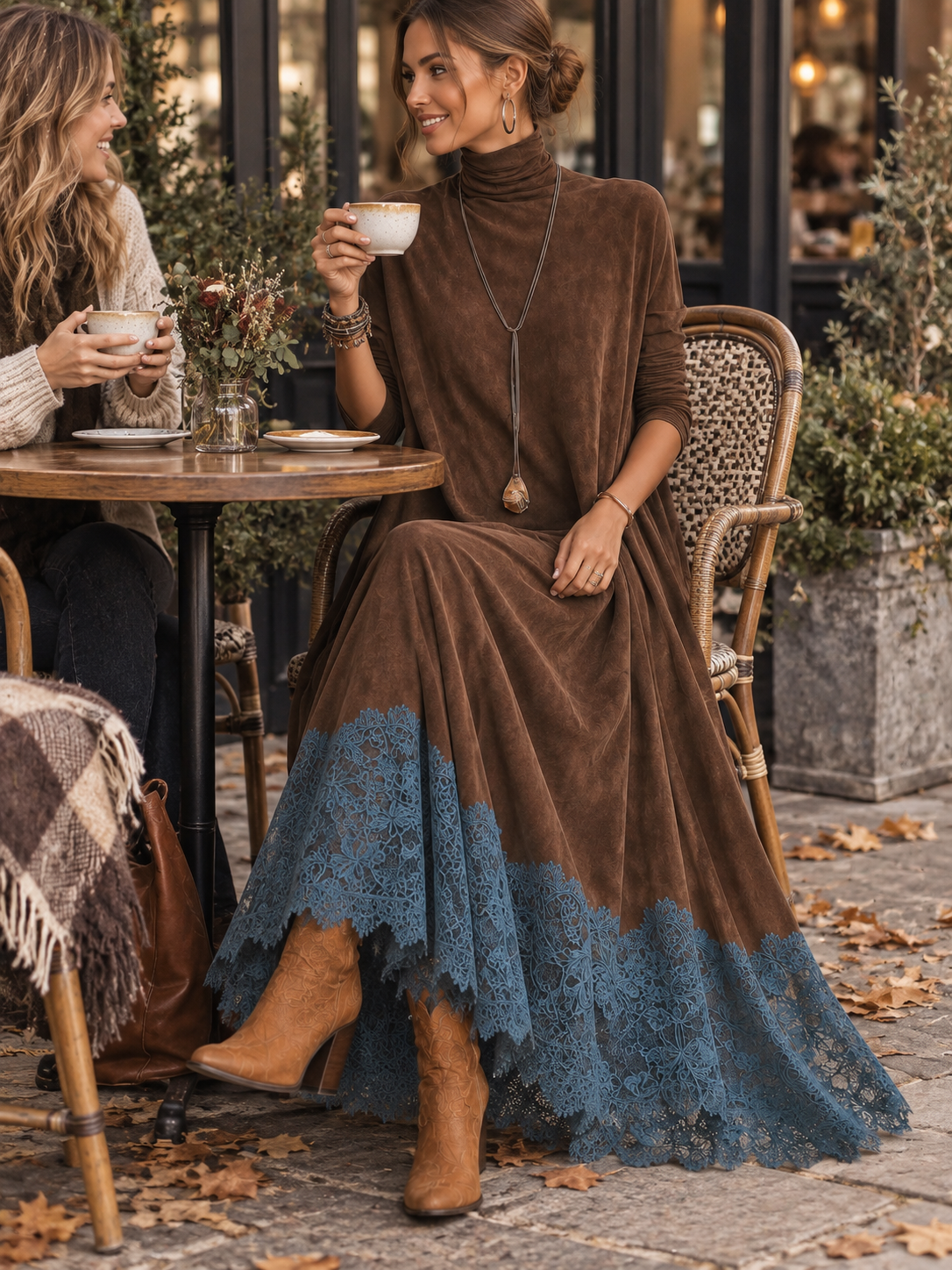 Lilibet lace hem maxi dress in brown, seated lifestyle view
