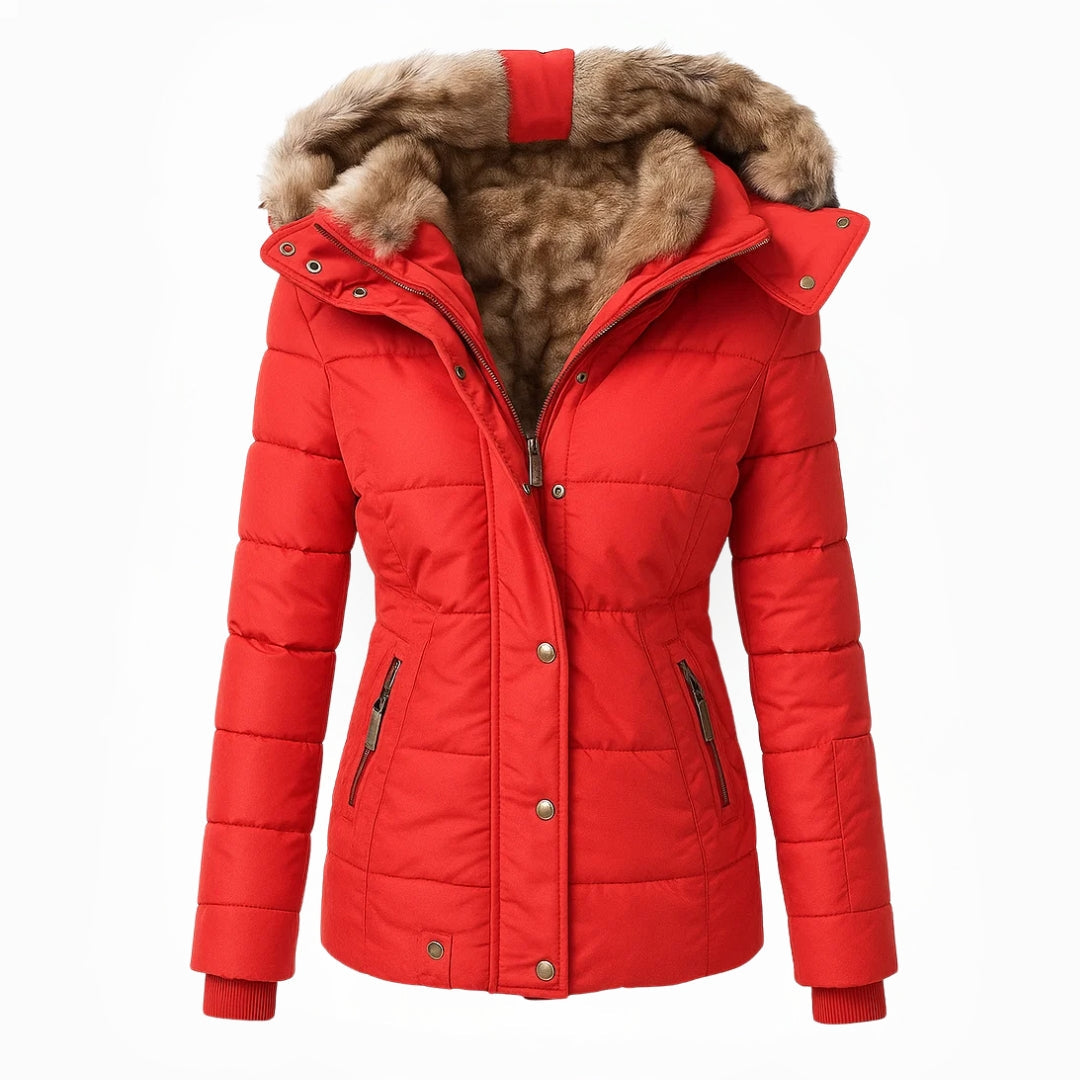 Marguerite warm padded winter coat in red, front view