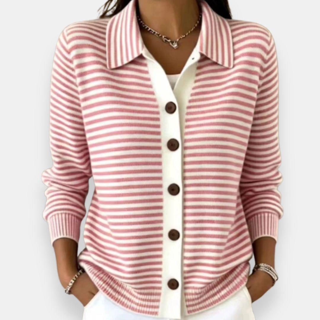 Septima striped collared cardigan in pink, front view