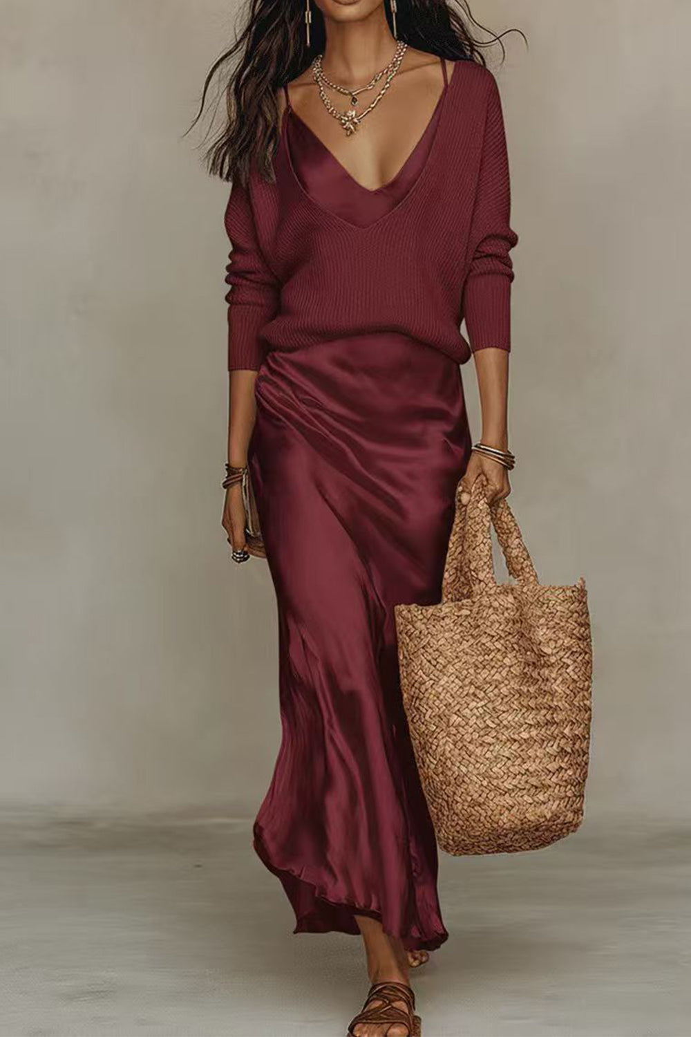 Jessa jumper and satin maxi dress set in burgundy, styled view