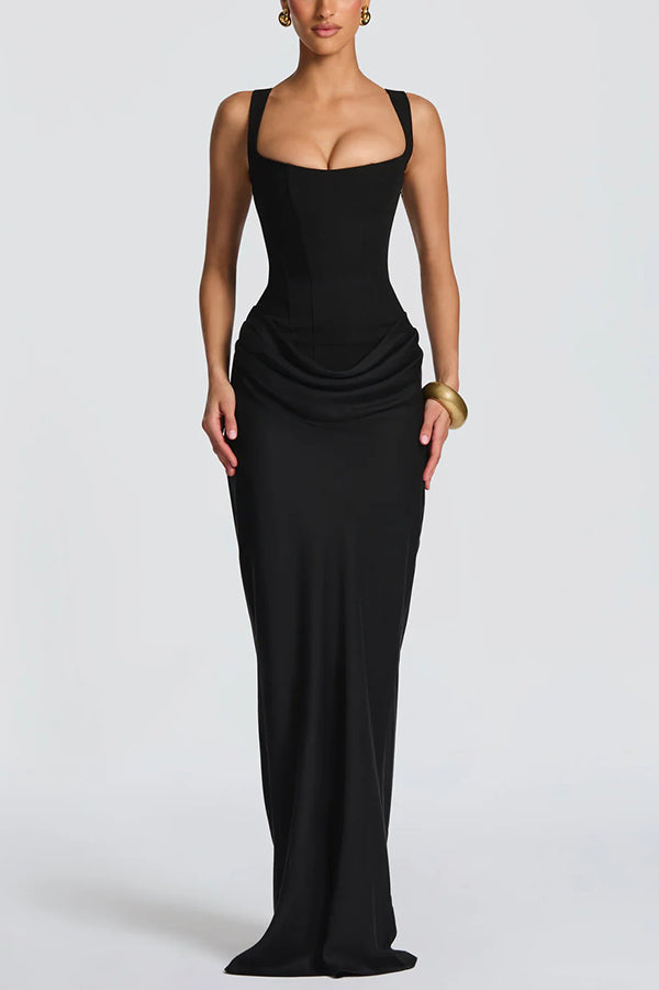 Persis corset-style square-neck maxi dress in black, front view