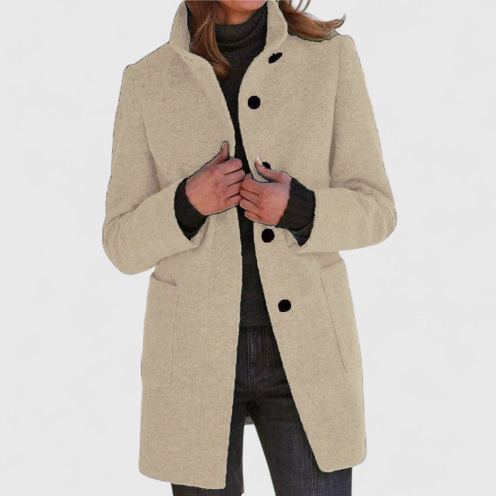 Leonora classic stand-collar coat in khaki, front view