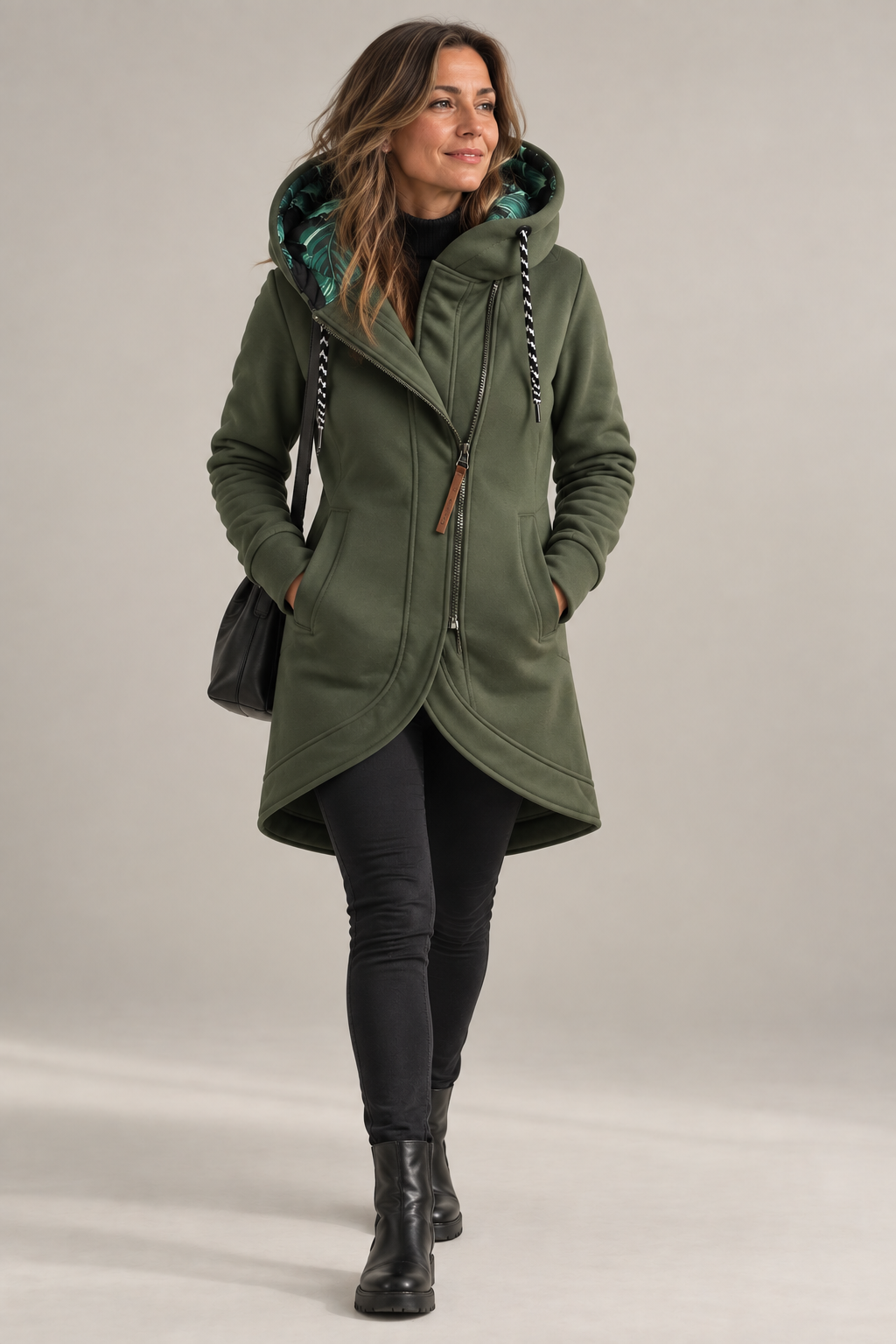 Letitia warm hooded jacket in olive green, full-length front view