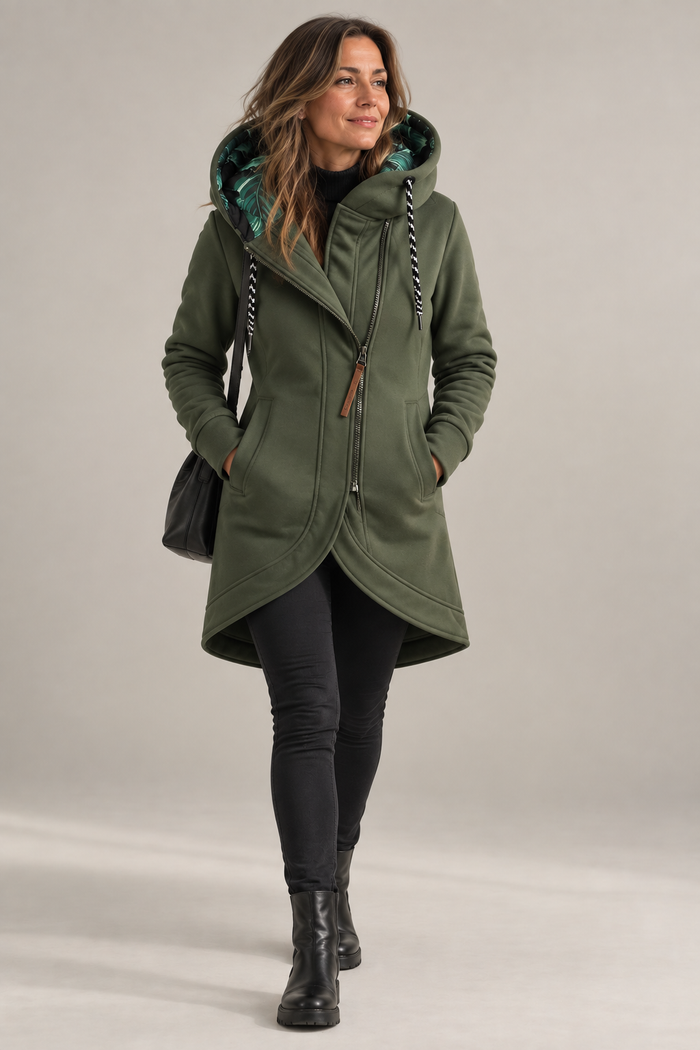 Letitia warm hooded jacket in olive green, full-length front view