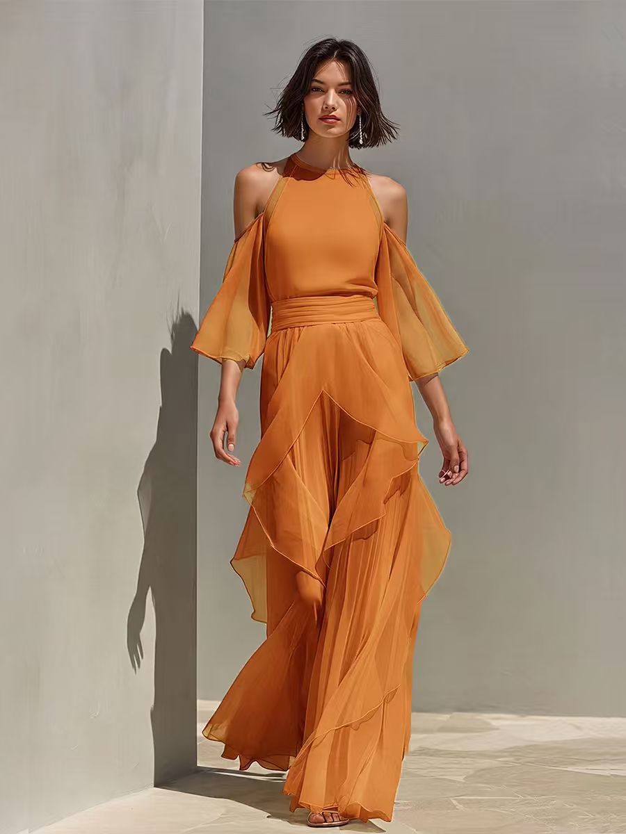 Solene - Cold Shoulder Chiffon Blouse And Wide Leg Pant Set