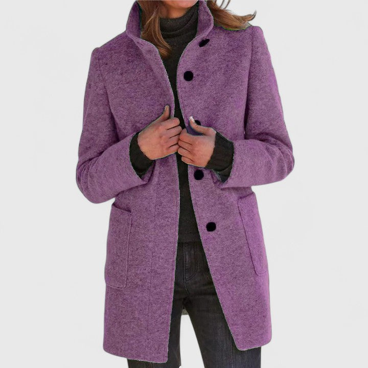Leonora classic stand-collar coat in purple, front view