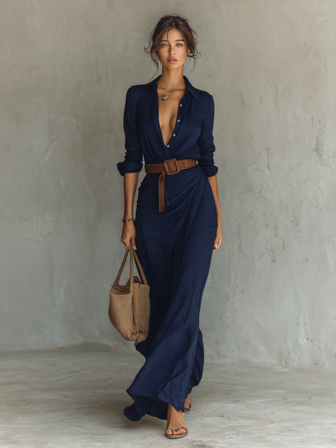 Rhona belted maxi shirt dress in navy, front view