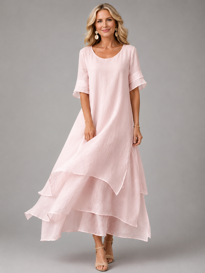 Bryony layered maxi dress in pink, full-length front view with handkerchief hem