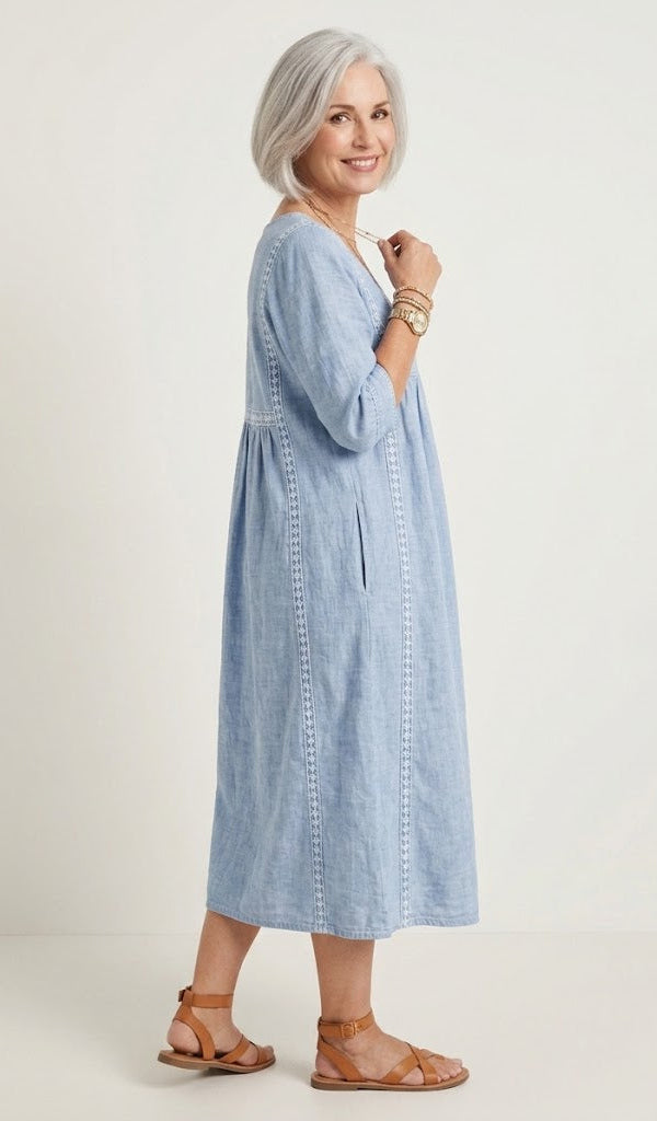 Juliette lace-trim A-line midi dress in light blue, side view