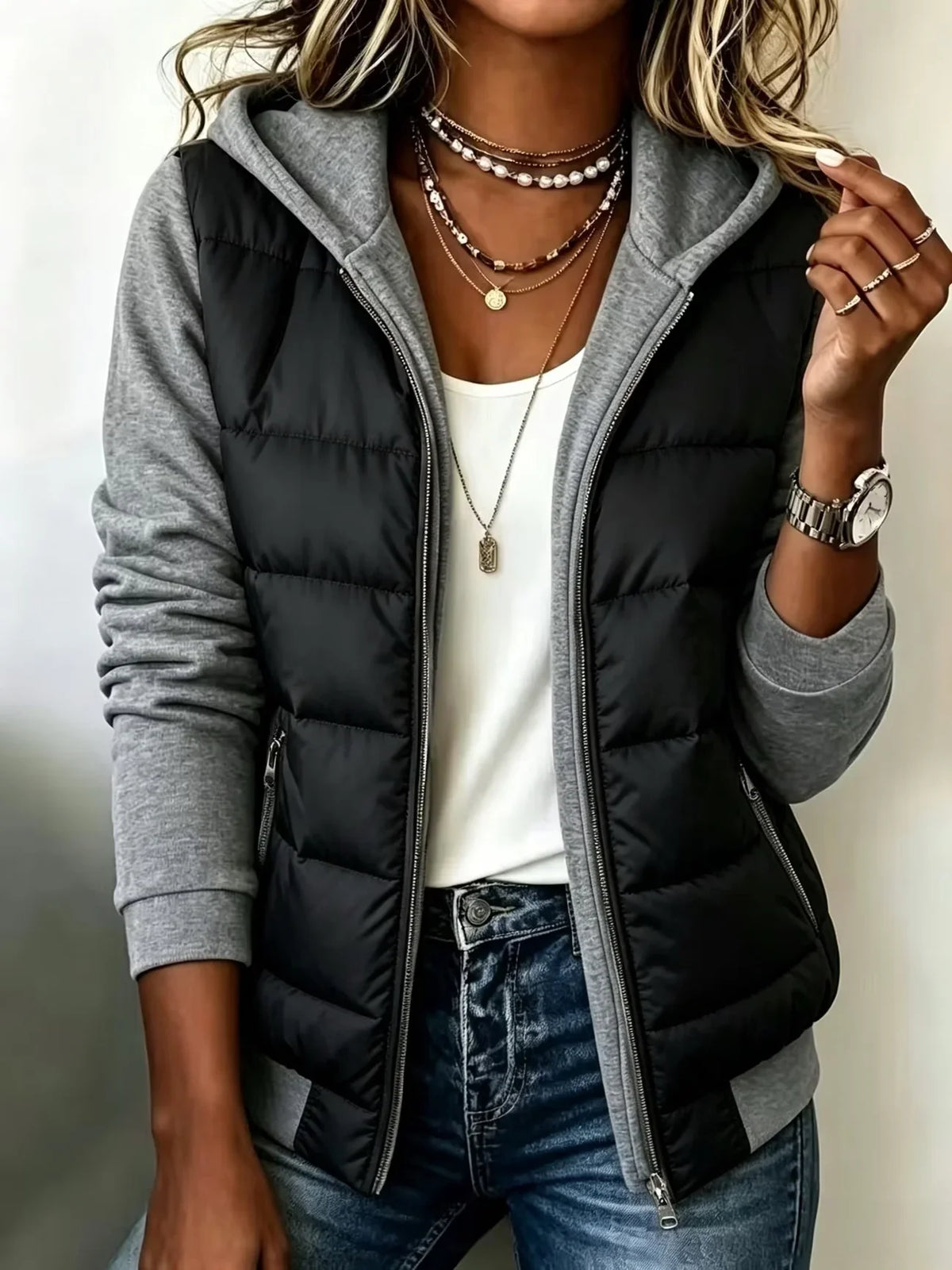 Perpetua hooded padded layered jacket in Black