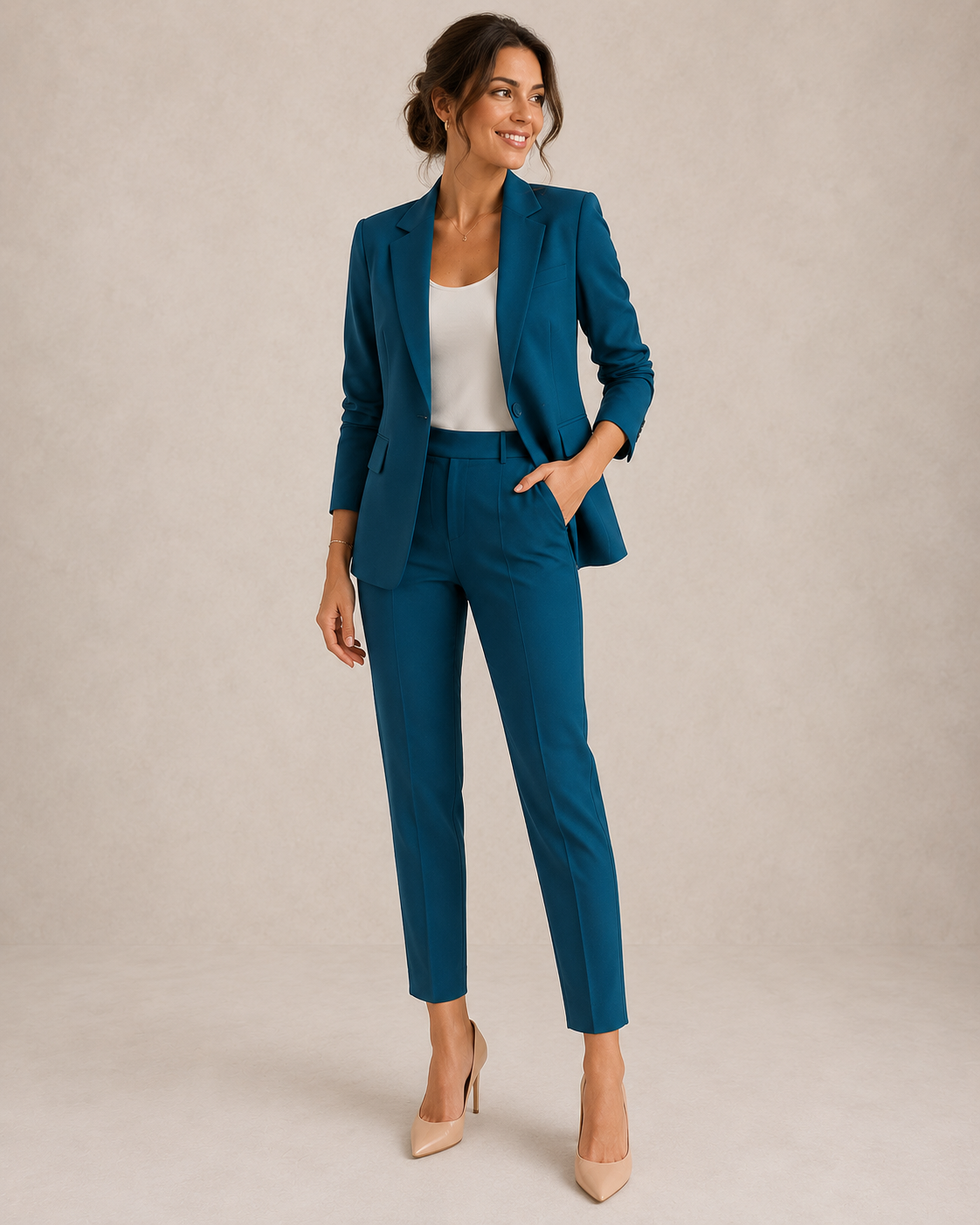 Phyllis tailored straight-leg trouser suit in petrol blue, full-length front view
