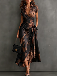FRANCESCA | BROWN ABSTRACT PRINT MIDI WRAP DRESS