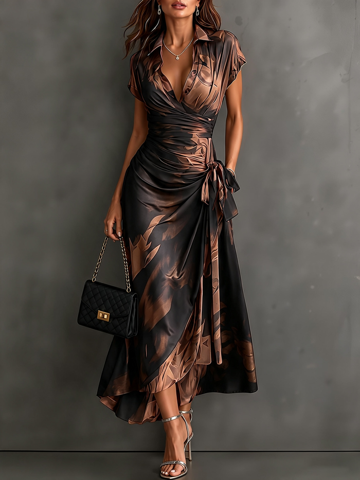 FRANCESCA | BROWN ABSTRACT PRINT MIDI WRAP DRESS
