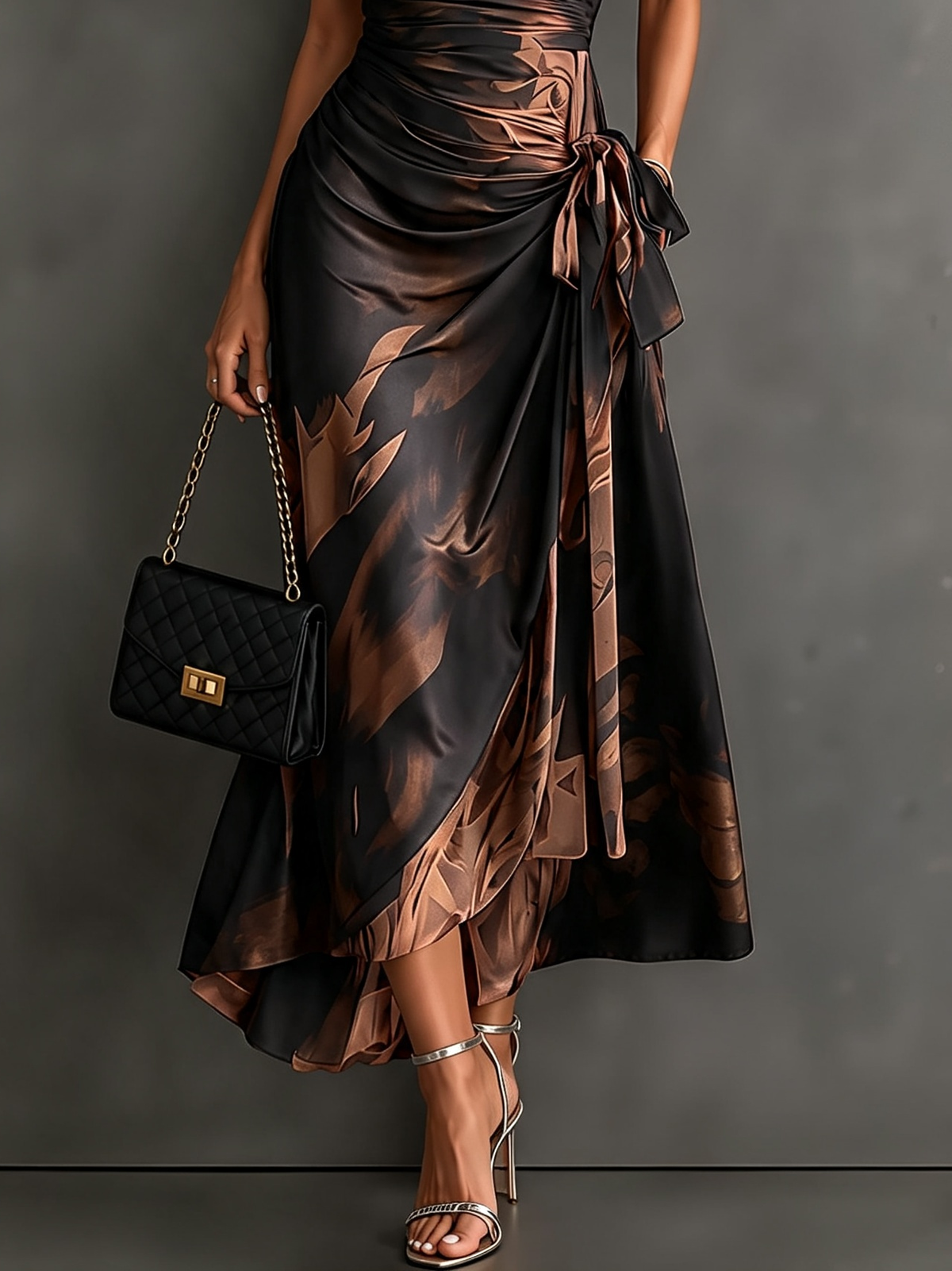 FRANCESCA | BROWN ABSTRACT PRINT MIDI WRAP DRESS