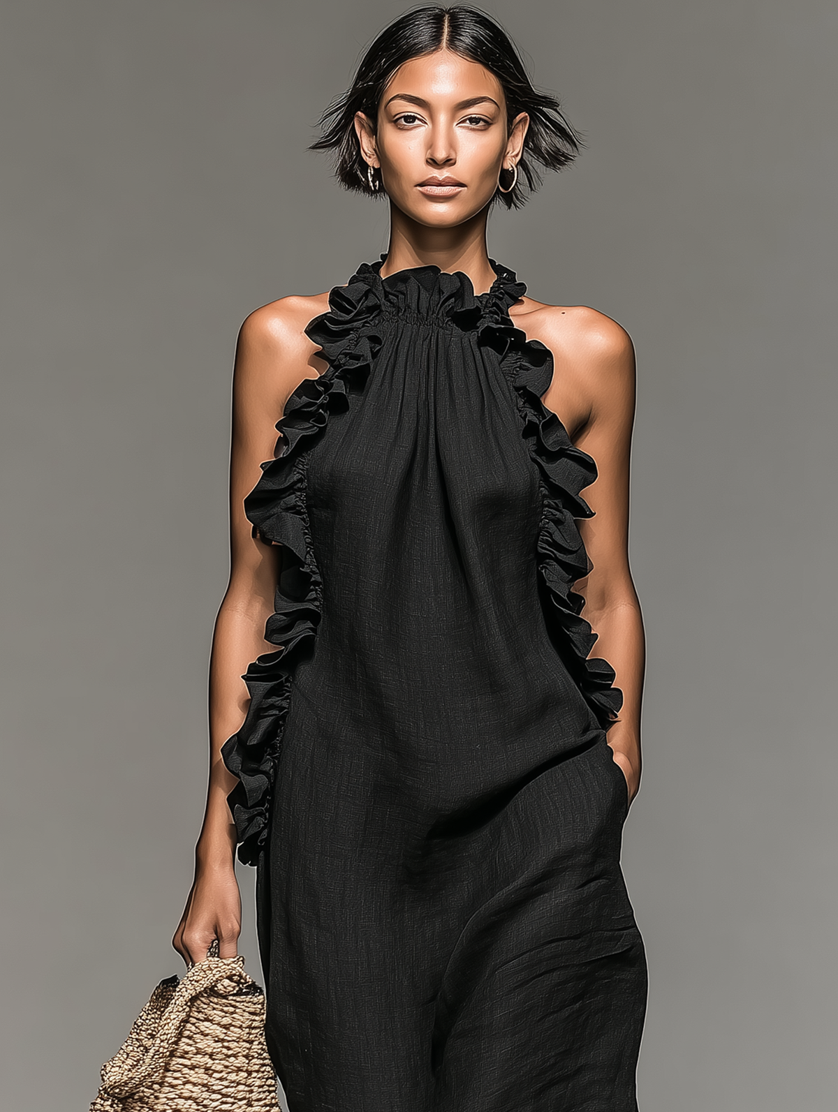 Gladys ruffle halterneck maxi dress with pockets, view 3