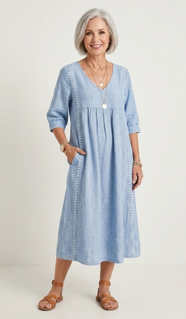 Juliette lace-trim A-line midi dress in light blue, full-length front view